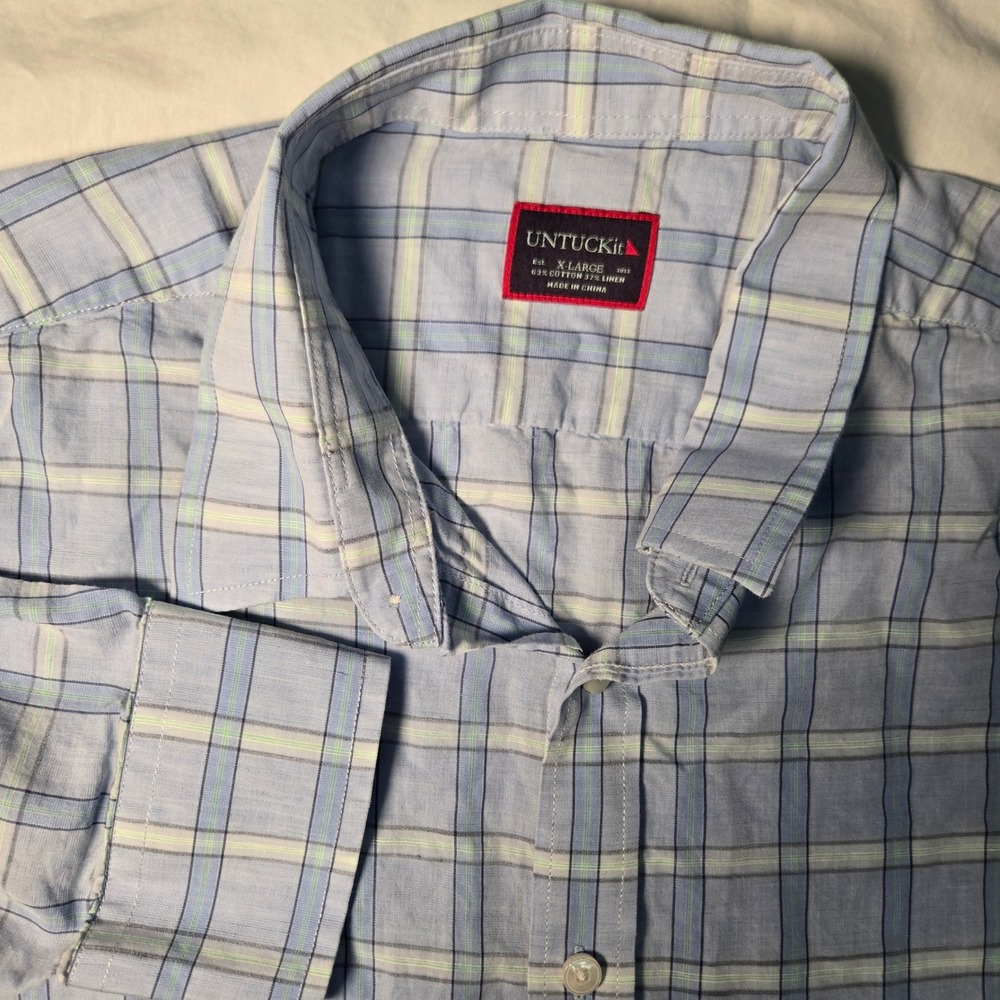UNTUCKit Shirt XL Long Sleeve Plaid Button Down Shirt Blue Cotton Linen Blend